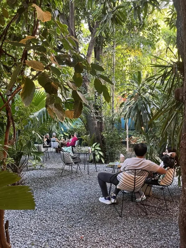 The terrace of WILD Phnom Penh, colonial house and lush garden