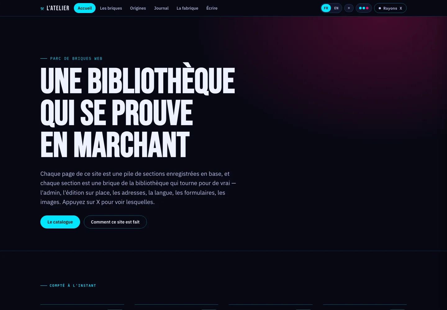 L'Atelier, le site qui montre la bibliothèque — lui-même monté avec ses briques.