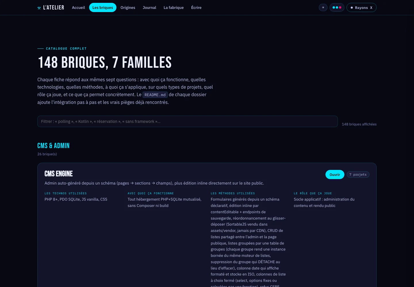 Le catalogue : 148 briques rangées en 7 familles.
