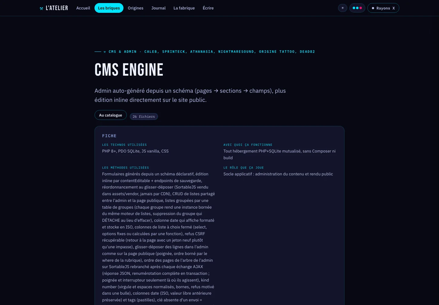 La fiche d'une brique : technologies, méthodes, rôle, ce que ça apporte.