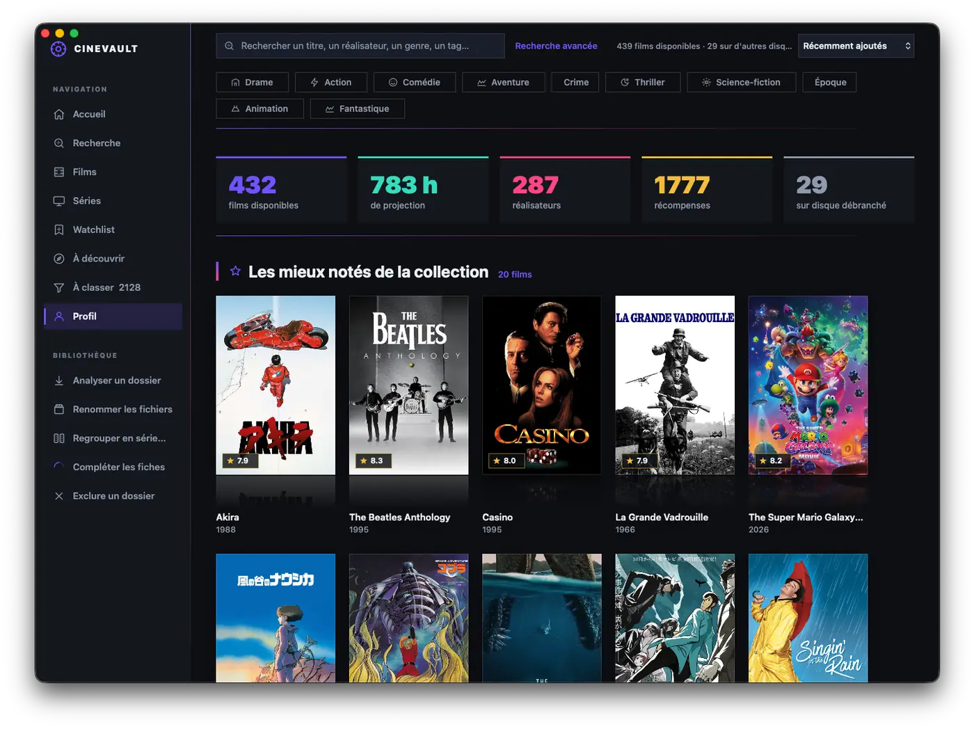 432 films · 783 h de projection · 287 réalisateurs · 1 777 récompenses · 29 sur disque débranché.