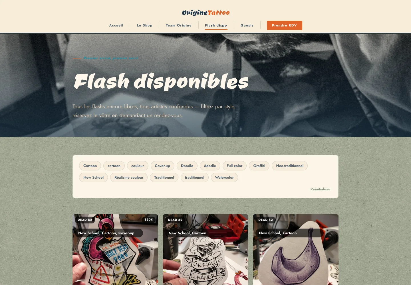 Les flashs disponibles, filtrables par style.