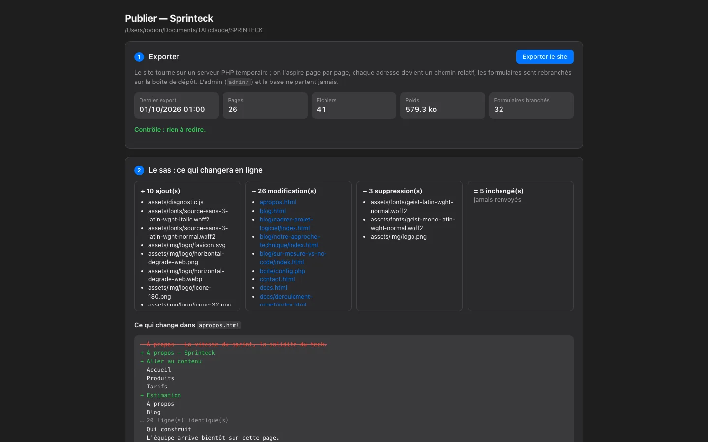 Publier un site : l'export statique, et la liste exacte de ce qui va changer en ligne.