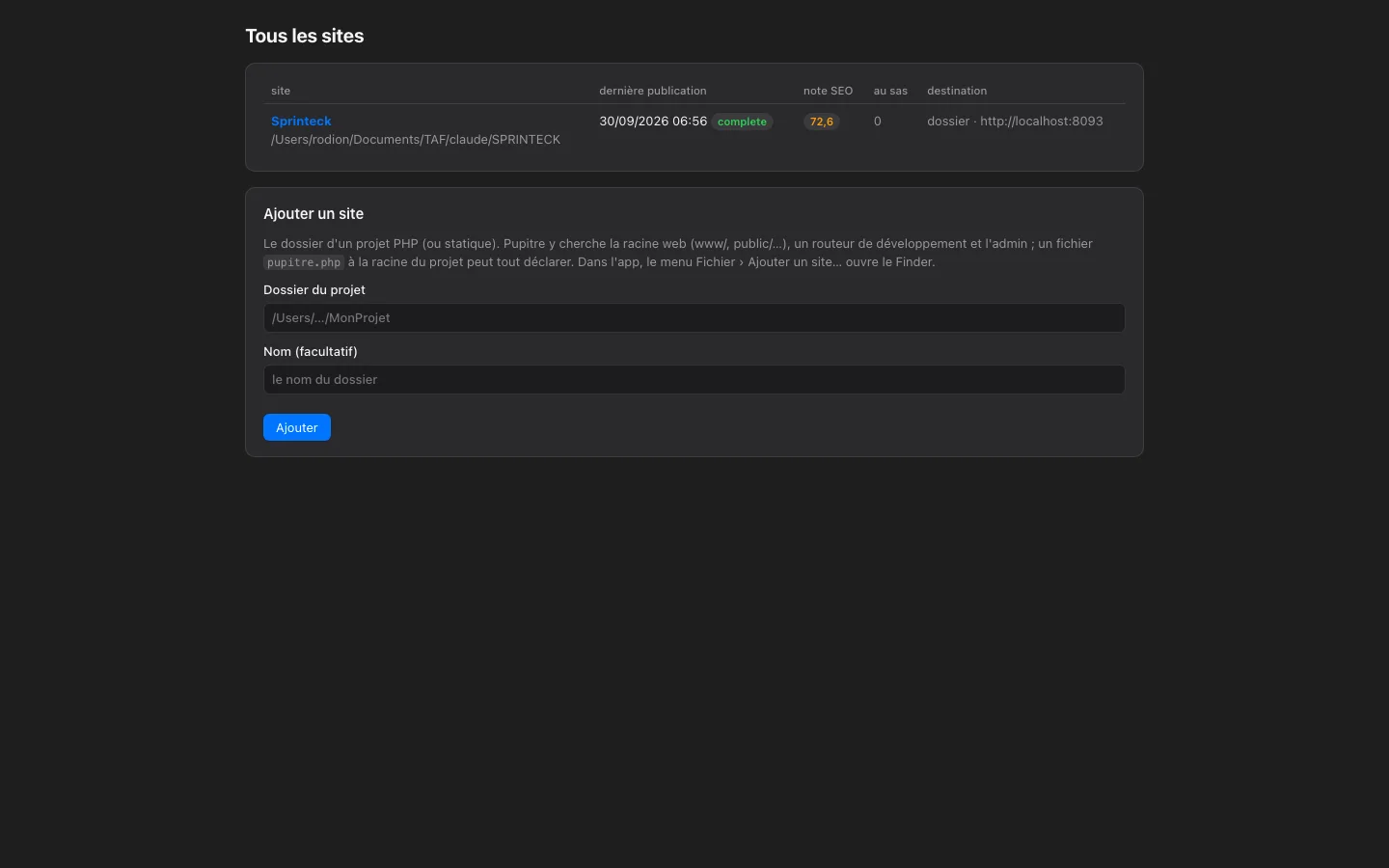 Tous les sites gérés par l'application.