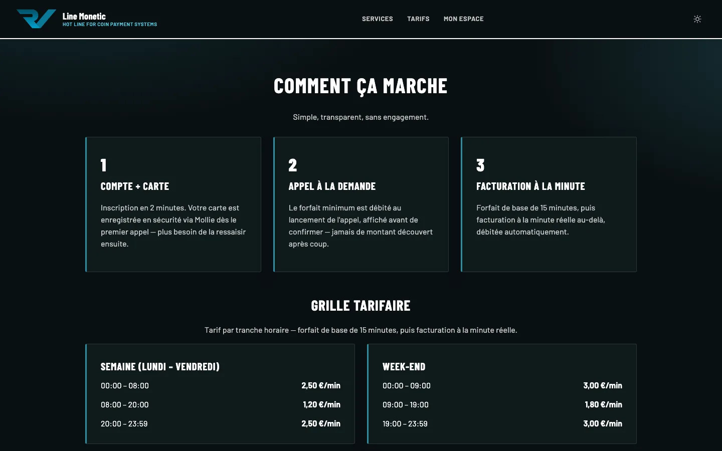 Les tarifs : forfait de base, puis la minute, par tranche horaire et le week-end.