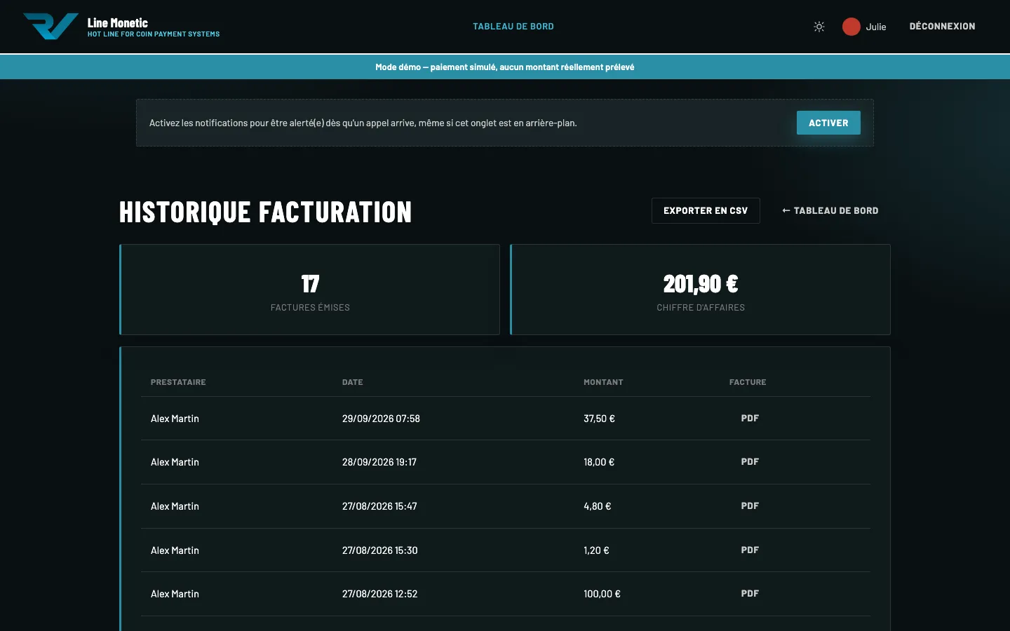 L'historique de facturation, exportable en CSV.