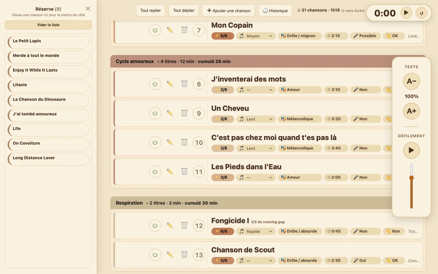 Plus bas : l'énergie, le tempo, le ton, le chant, sur chaque carte.